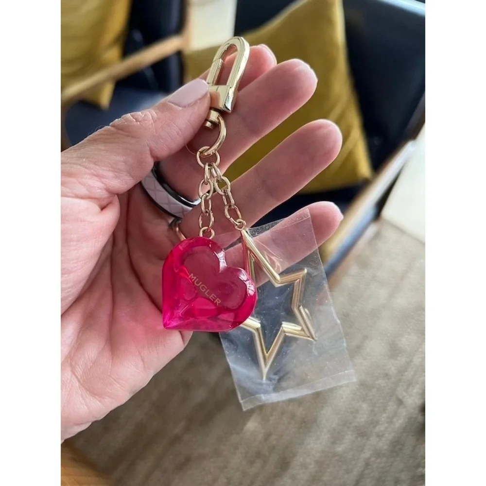 MUGLER Pink Heart and Gold Star Bag Charm Keychain Designer Accessory